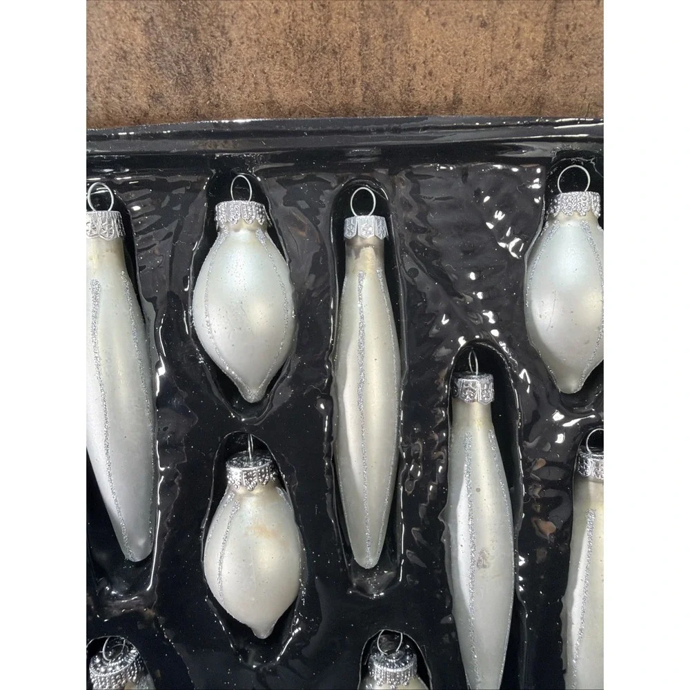 Yule Glass Christmas Ornaments White Silver Glitter In Box Set of 19 Assorted